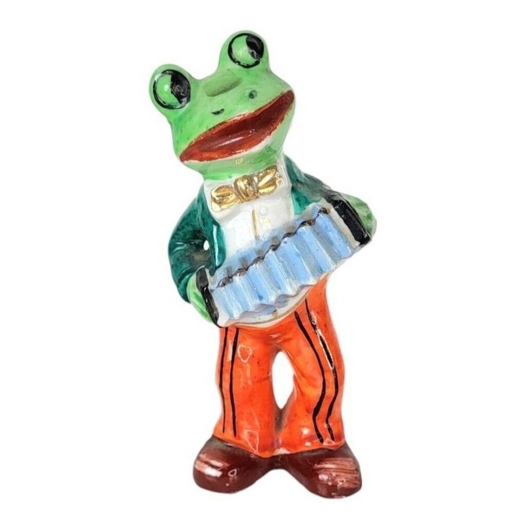 Vintage 40s Porcelain Frog in Tuxedo Playing Accordion Figurine Made in Japan